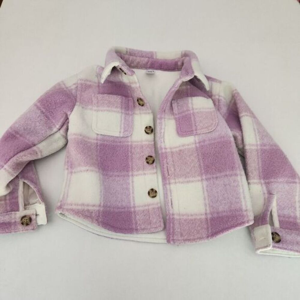 Carter's Shacket Kids Size 4/4A Purple White Plaid Fleece Lined Button Fron Cozy